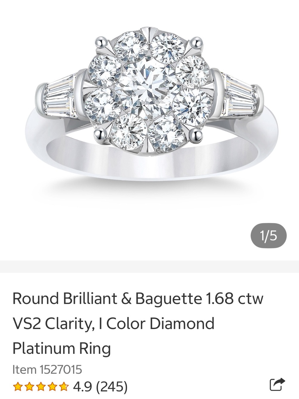 Platinum Round Brilliant & Baguette Diamond Cluster Ring - White